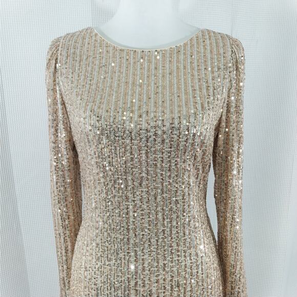 NANETTE LEPORE! GOLDEN MICRO SEQUINNED ALL STRETCH LONG SLEEVE DRESS! SZ 8 - Picture 3 of 10